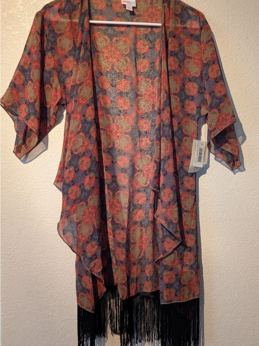 LuLaRoe Floral Pattern Sheer Fringe Kimono - Red, Blue, Green